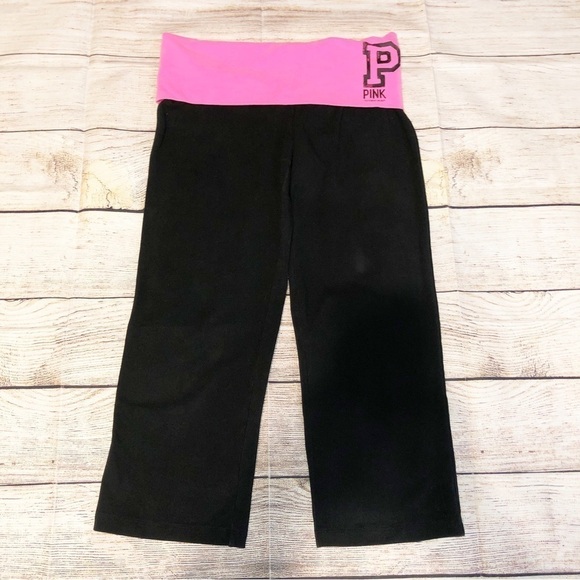 PINK By Victoria Secret Black and Pink Wide Leg Yoga Capris Size XS - Picture 1 of 5